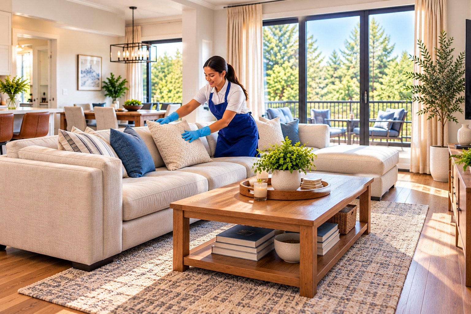 Cleaning professional arranging pillows on a cream sofa in a bright, clean living room with natural light